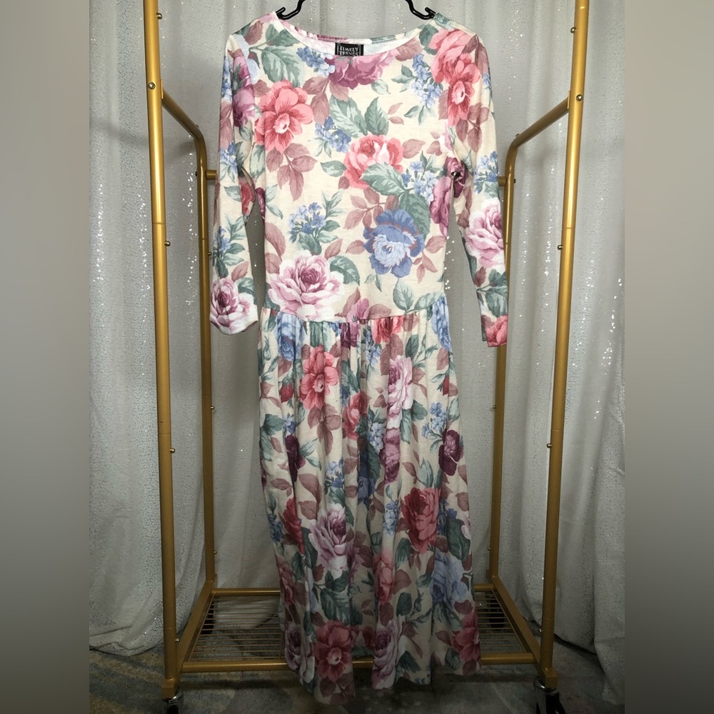 Vintage Timely Trends Cream Long Sleeve Midi Dress with Various Colored Flowers